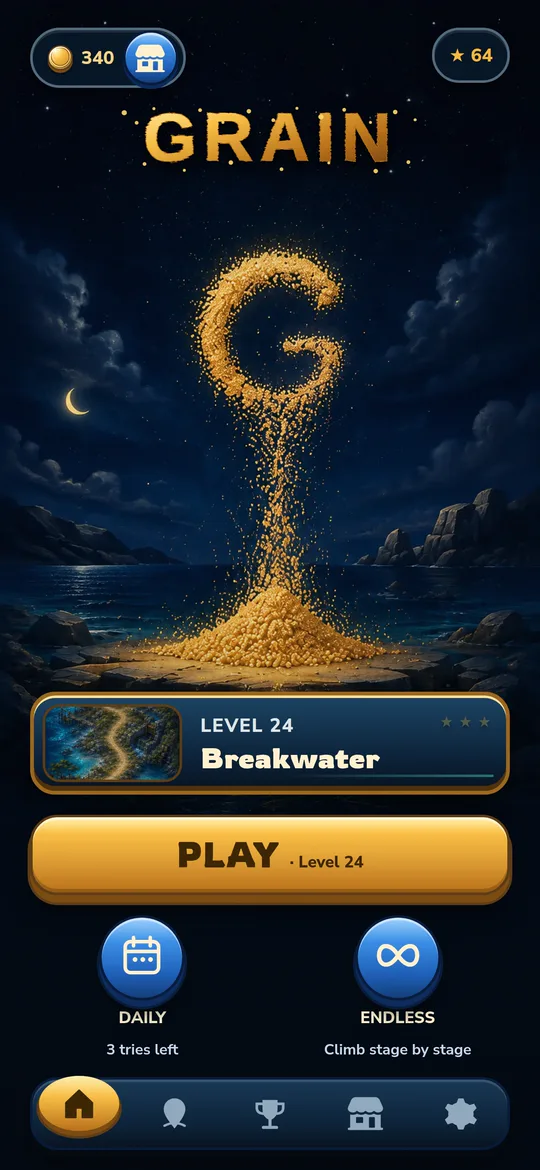 Main menu: the GRAIN letter pouring in sand, the level you stopped at, and the Daily and Endless mode cards