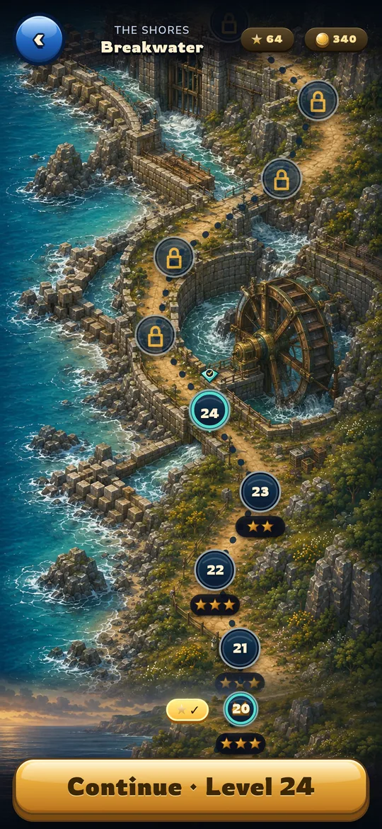 The Breakwater region of The Shores: levels lined up along a rocky coast beside a water wheel