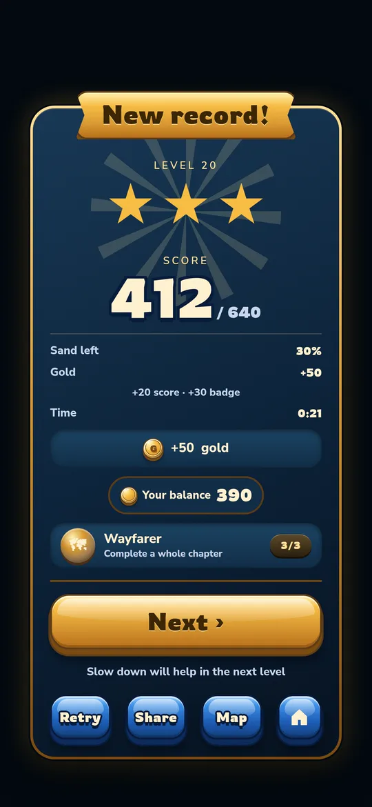 Result screen: three stars, a new record, the score and the gold you earned