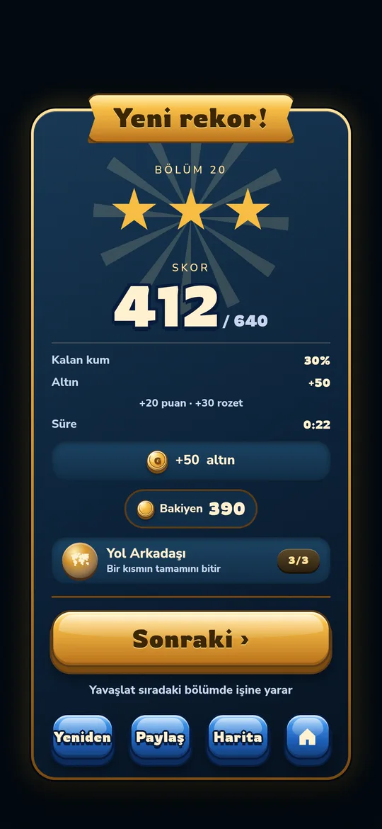 Sonuç ekranı: üç yıldız, yeni rekor, skor ve kazanılan altın