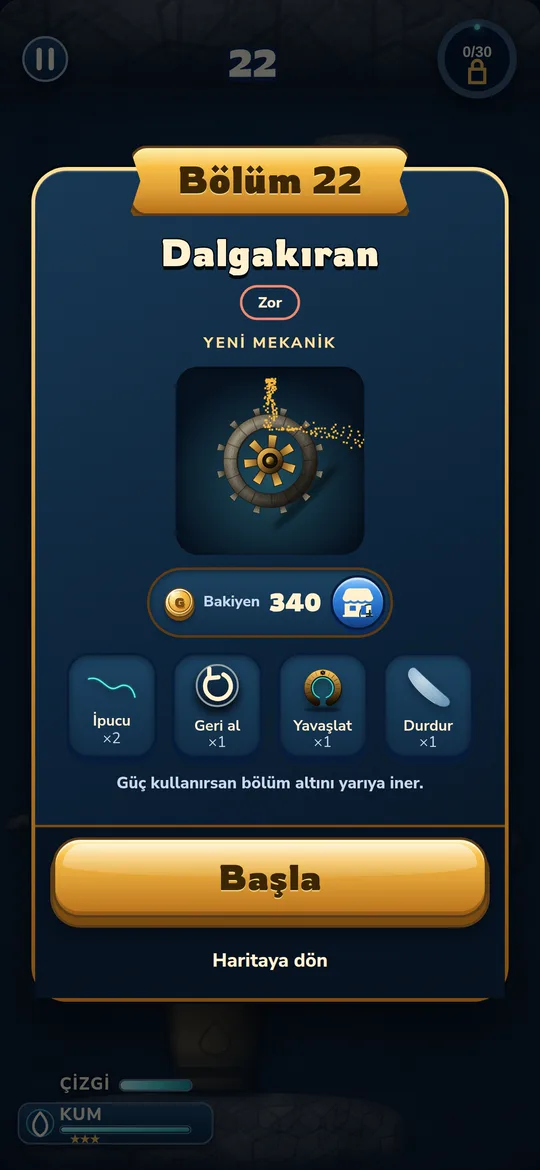 Bölüm kartı: Bölüm 22, zorluk Zor, yeni mekanik tanıtımı ve başlamadan seçilen güçler